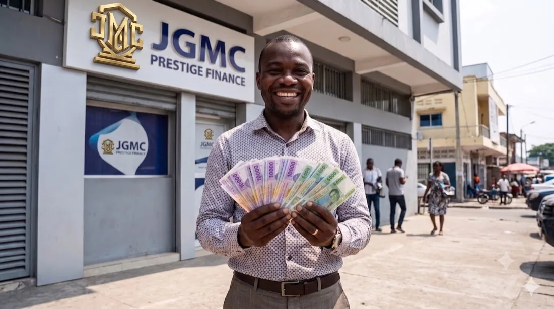 Un client de JGMC Prestige Finance, souriant devant l'agence — accompagné dans son projet.